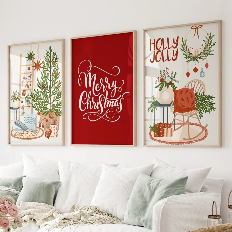 Wall Art Christmas Triptych Set Scandinavian Holiday Prints Wood Frames