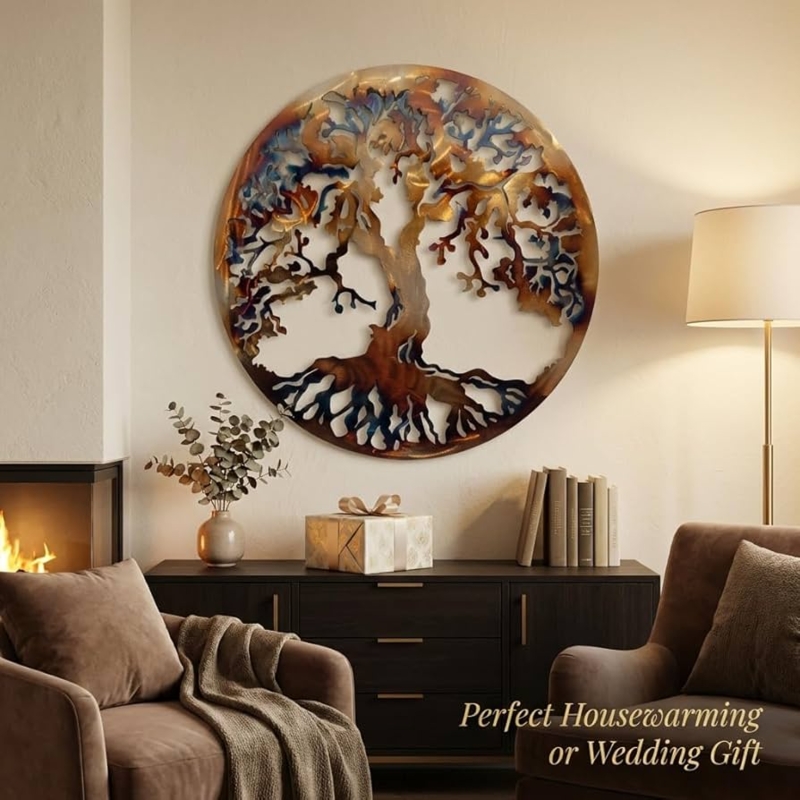 Wall Art: Circular Metal Tree of Life Motif, Heat Treated Finish
