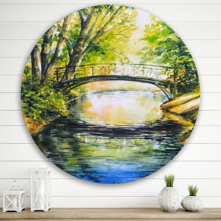 Wall Art: Circular Watercolor Print, Bridge Scene, Lake House