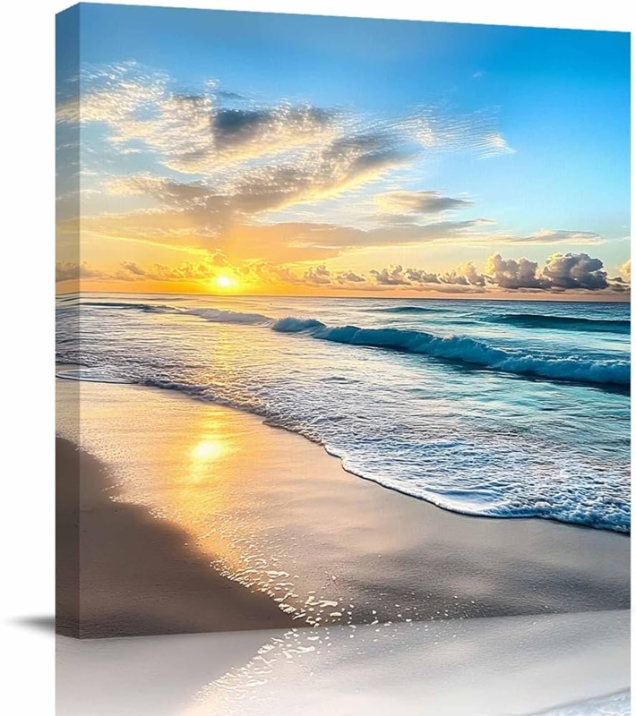 Wall Art Coastal Beach Sunrise Square Vibrant Sunrise Scene Canvas