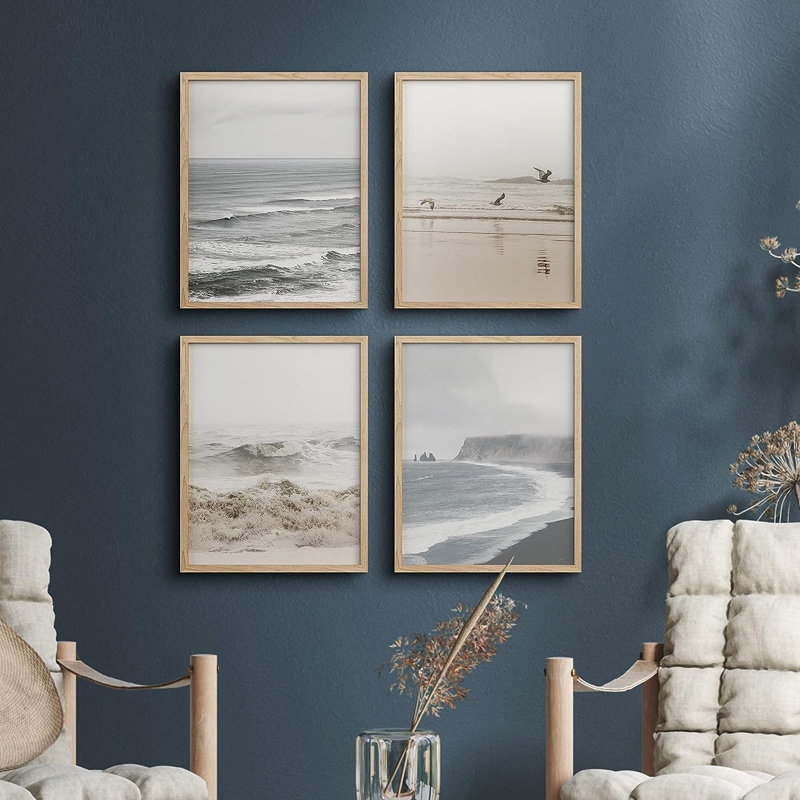 Wall Art Coastal Gallery Set of 4 Ocean Photography Wood Toned Frames
