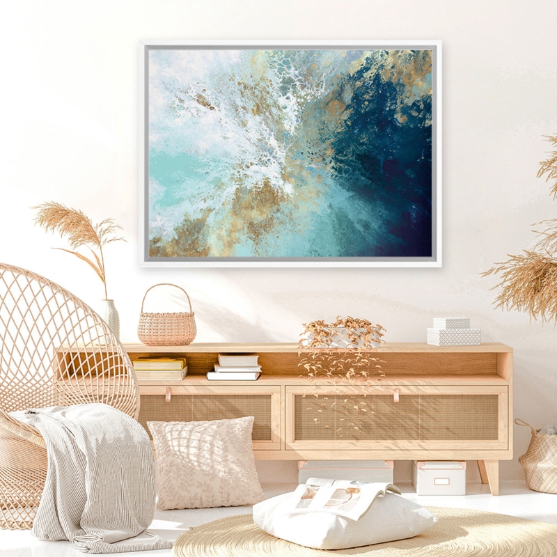Wall Art Coastal Modern Abstract Blue Canvas Natural Frame Boho