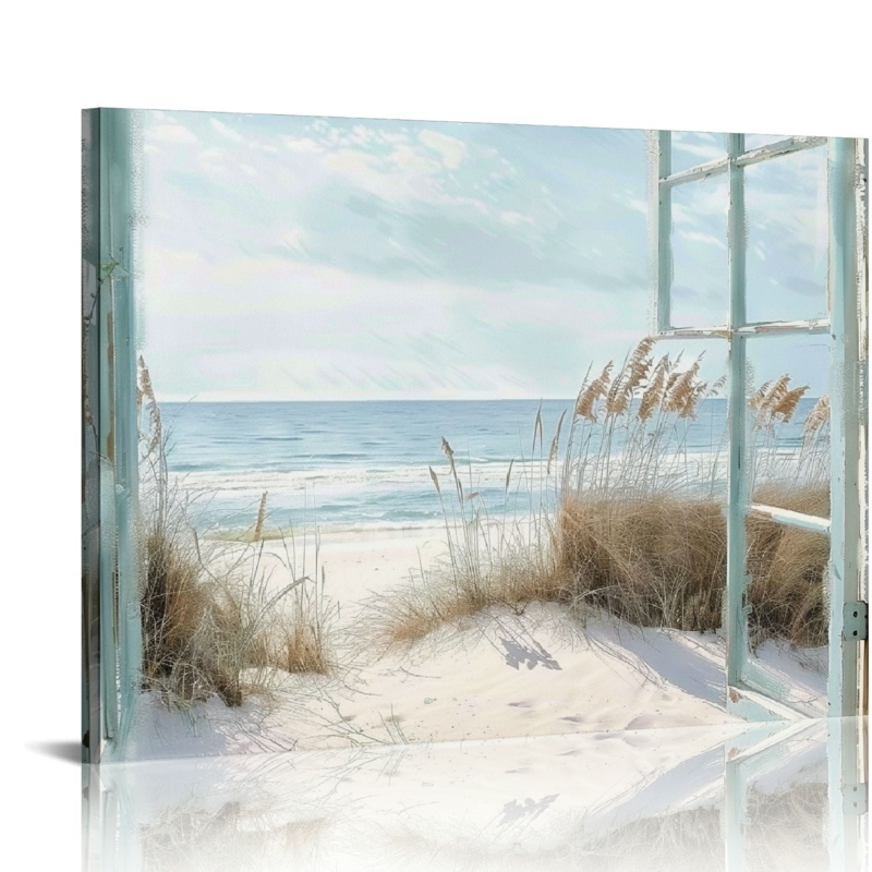 Wall Art Coastal Window View Distressed Blue Frame Illusion