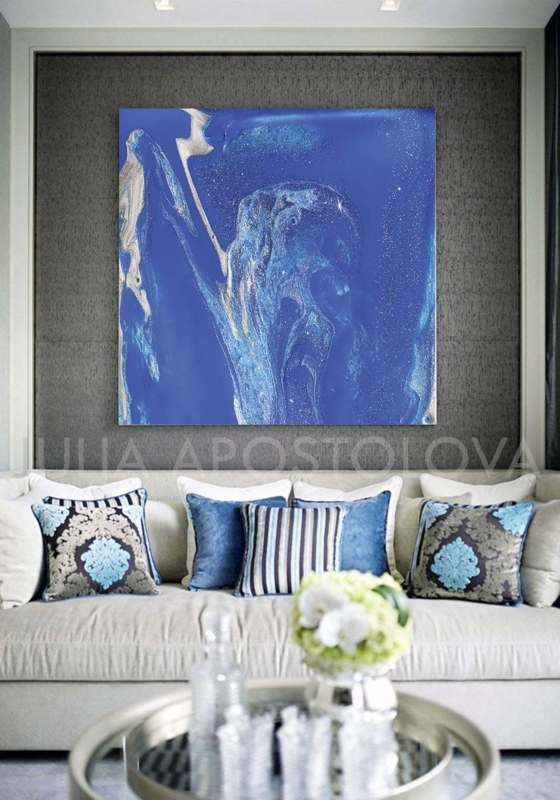 Wall Art Cobalt Abstract Silver Textured Accents Modern Glam