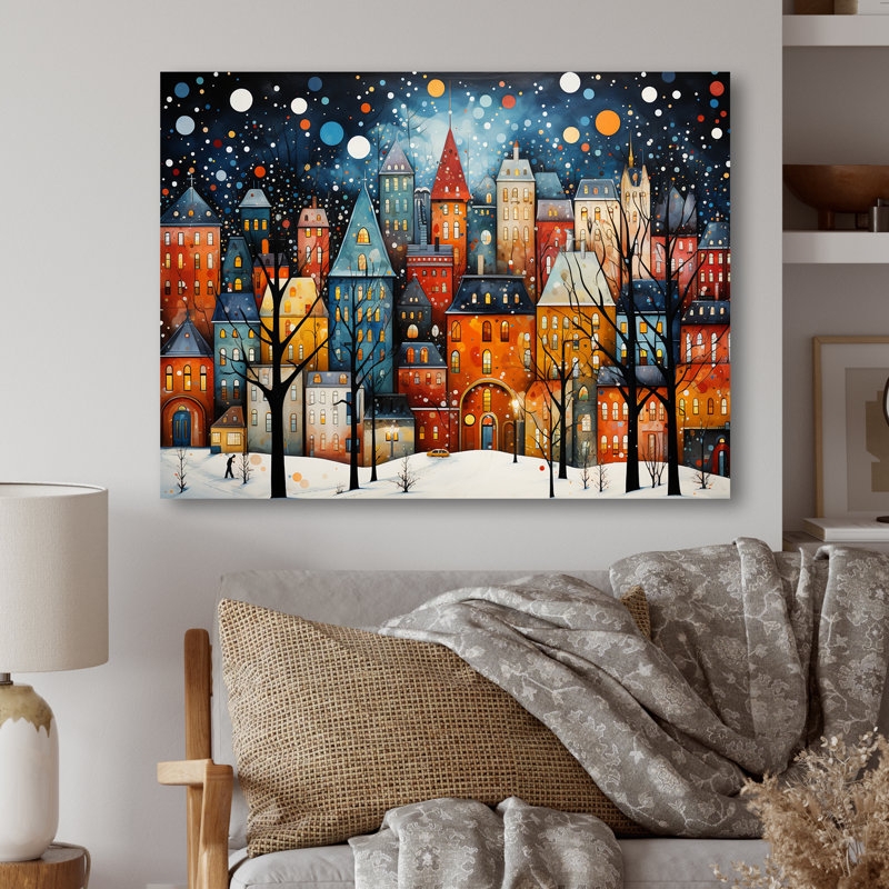 Wall Art: Colorful Winter Village Wall Art, Saturated Color Palette, Art Deco