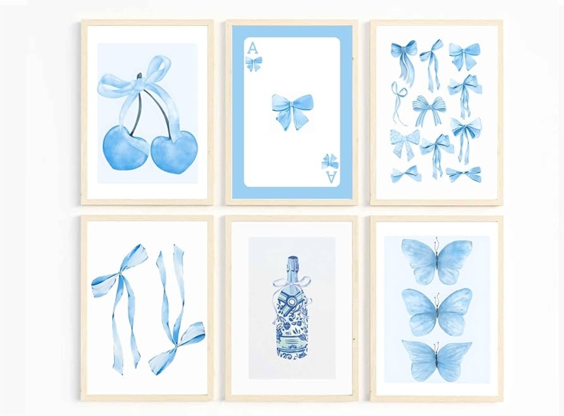 Wall Art Coquette Bow Theme Watercolor Style Thin Frames Gallery Set