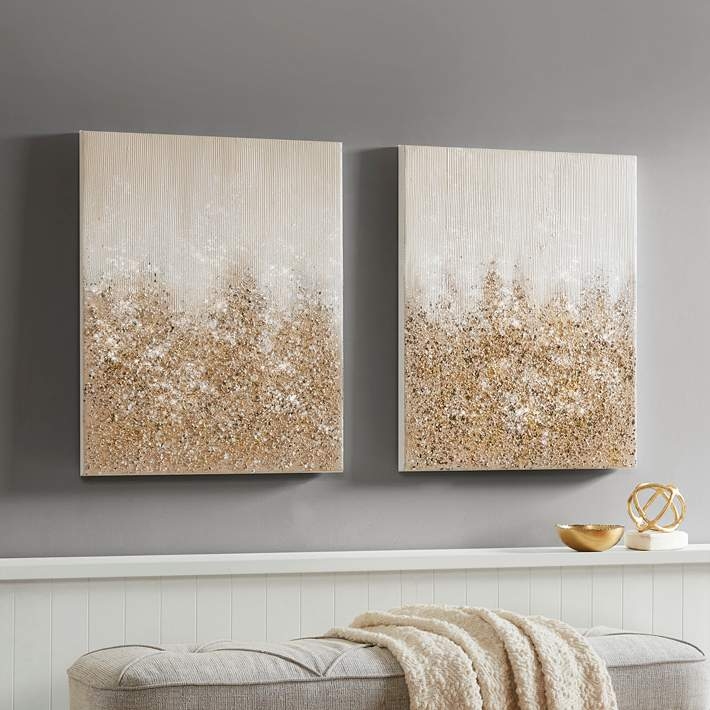 Wall Art: Cream Ribbed Texture with Gold Glitter Base Canvas Set (70)