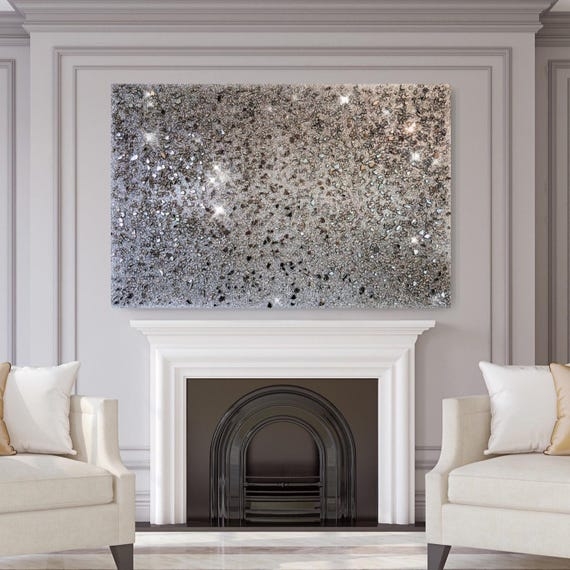 Wall Art Crushed Glass Texture Silver Glitter Oversized Rectangular