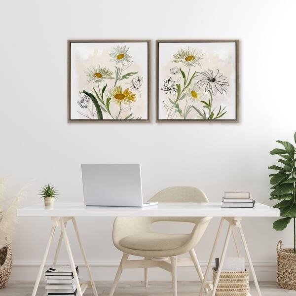 Wall Art Daisy Sketches Wood Floater Frame Minimalist Home Office Set