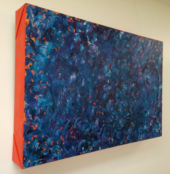 Wall Art: Deep Blue Abstract Impasto with Orange Edges
