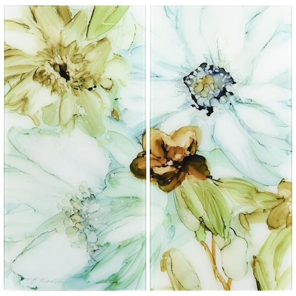 Wall Art Diptych Format Seafoam watercolor Floral Glass Panels