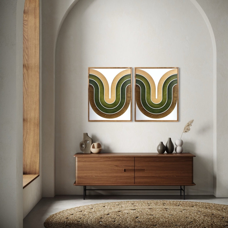 Wall Art Diptych: Mid-Century Wood Framed Wave Pattern, Green and Tan