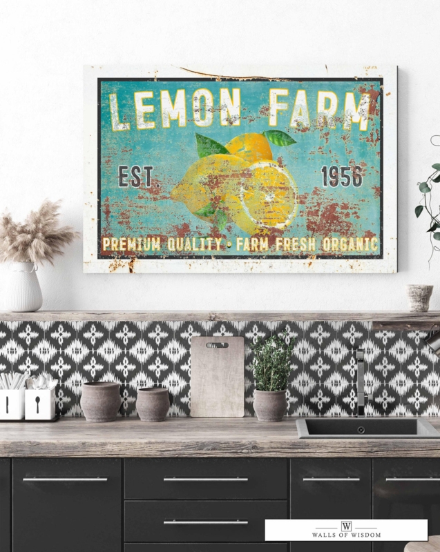 Wall Art Distressed Teal Finish Lemon Graphic Motif Canvas