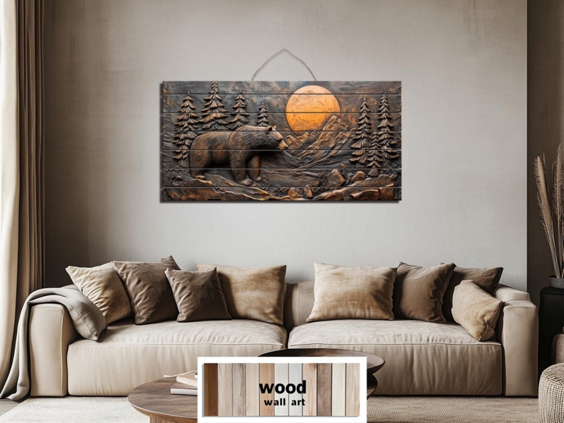 Wall Art Distressed Wood Plank Backdrop Carved Bear, Rustic Lodge