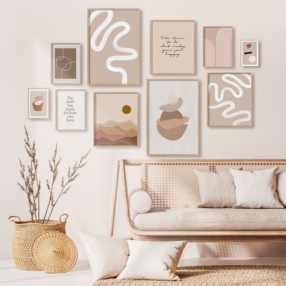 Wall Art: Earthy Abstract Art Print Set, 10-Piece Minimalist Gallery Wall