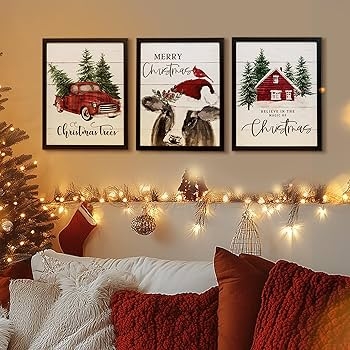 Wall Art Farmhouse Christmas Set Red Truck Framed Prints Rustic Holiday