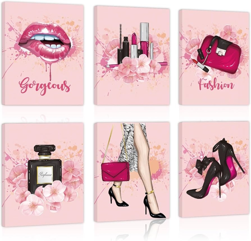 Wall Art Fashion Themed Illustrations Pink Floral Watercolor Set