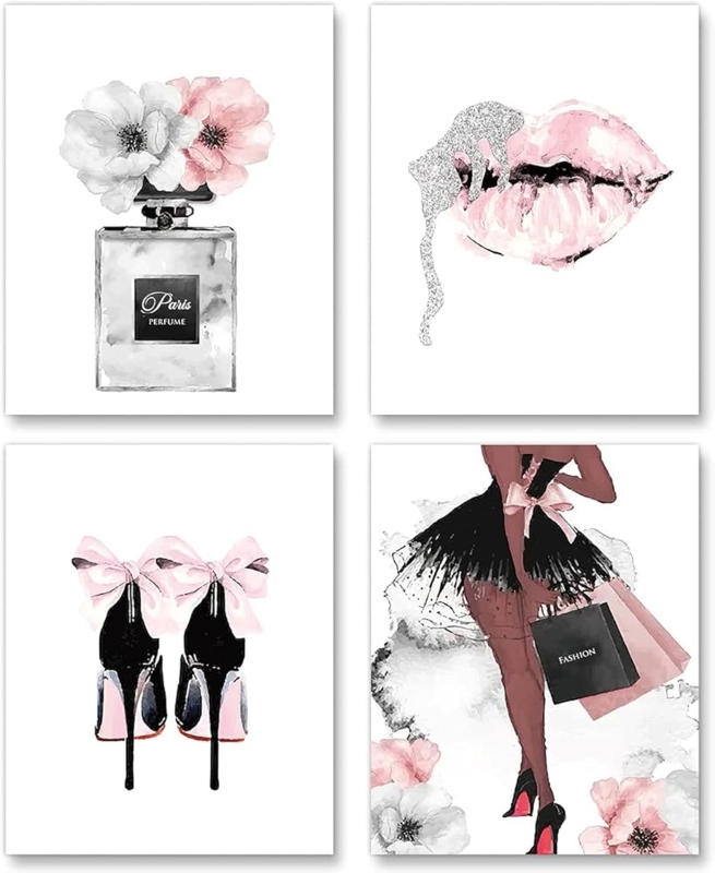 Wall Art Fashion Watercolor Style Glitter Lips Detail Set of Four