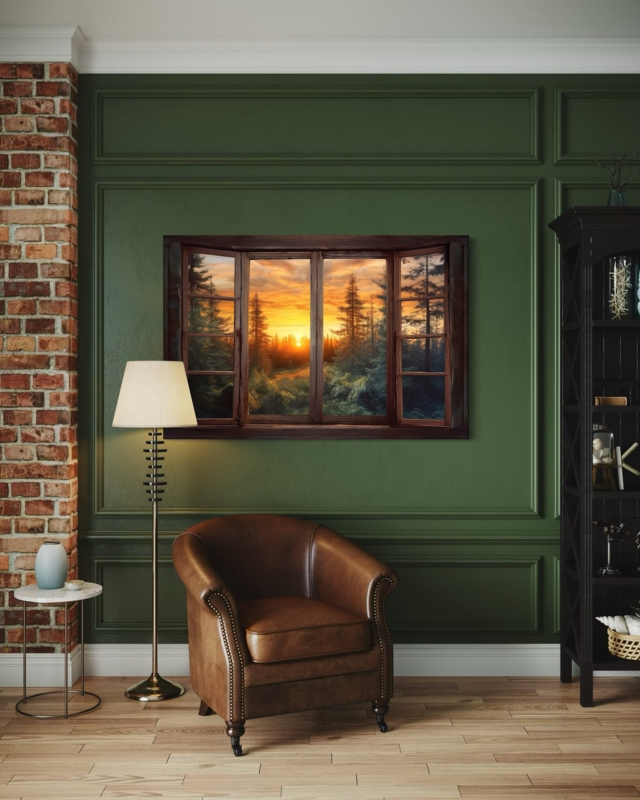 Wall Art Faux Window Frame Forest Sunset View