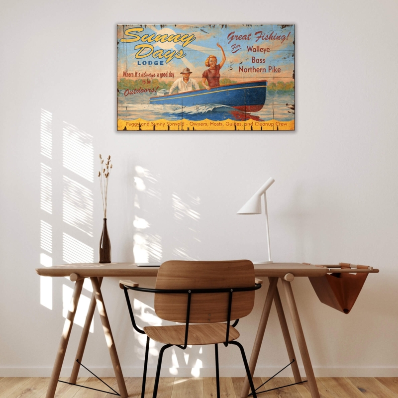 Wall Art Fishing Lodge Theme Planked Design Vintage Style