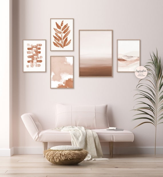 Wall Art: Five Piece Rust and Blush Boho Minimalist Gallery Print Set