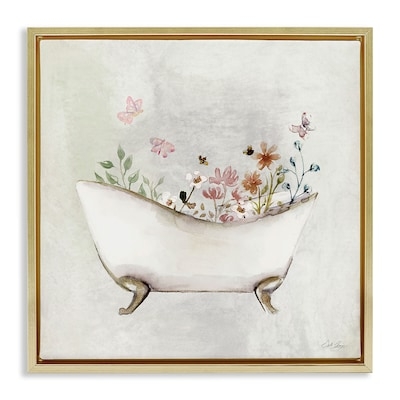 Wall Art Floral Bathtub Illustration Watercolor Style Gold Frame Decor