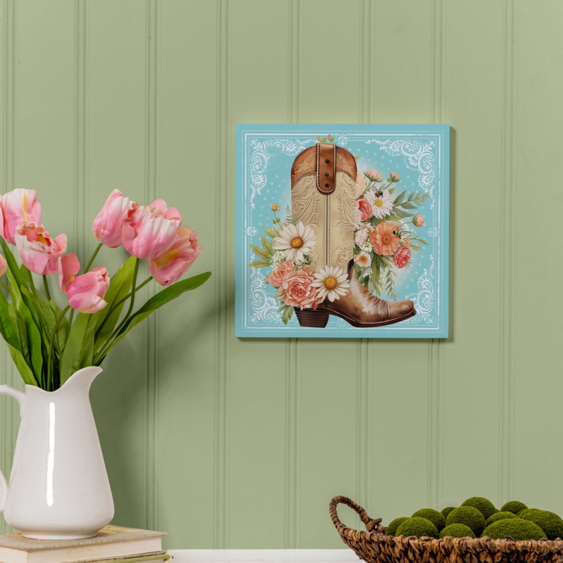 Wall Art Floral Cowboy Boot Sage Green Rustic Western Farmhouse