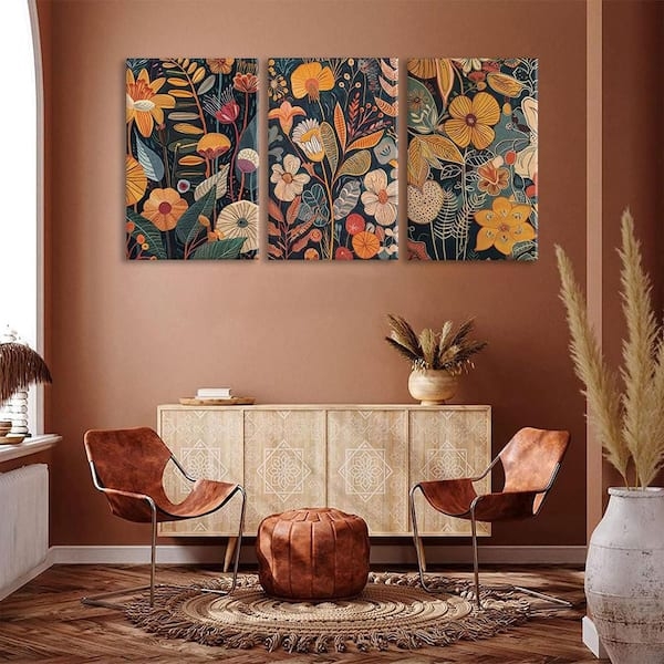 Wall Art Floral Triptych Canvas Set Burnt Orange Boho Mid-Century