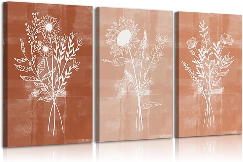 Wall Art Floral Triptych Terracotta White Line Art Minimalist Canvas