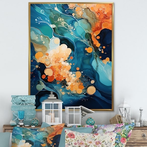 Wall Art Fluid Art Pattern Gold Toned Frame Abstract Blue and Orange