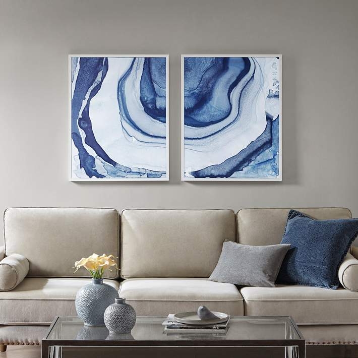 Wall Art: Fluid Blue Agate Pattern Diptych in White Frames (63)