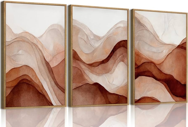 Wall Art Fluid Wave Triptych Terracotta Framed Abstract Modern