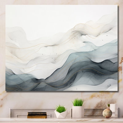 Wall Art: Fluid Waves with Gold Line Accents in Blue Grey Palette.