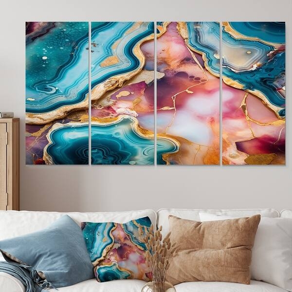 Wall Art Four Panel Set Teal and Gold Agate Oversized Canvas