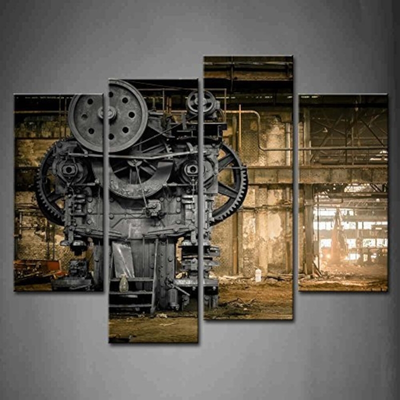 Wall Art: Four Panel Split Sepia Metallurgical Gears, Industrial Loft Art