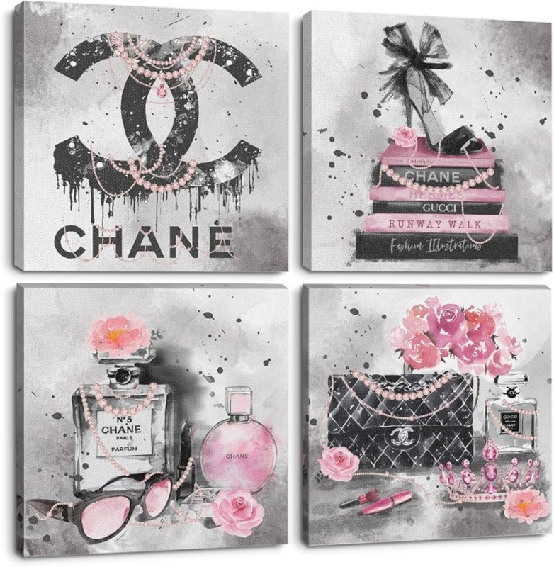 Wall Art Four Piece Set Fashion Motifs Graphic Print, Pink Fashion Wall Art Set