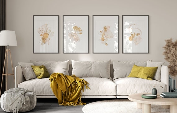 Wall Art Four-Piece Set Framed Abstract Gold Watercolor Shapes
