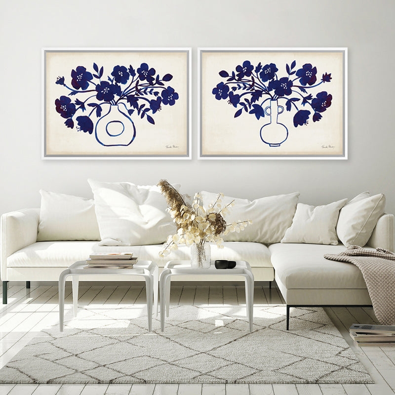 Wall Art Framed Canvas Duo Indigo Floral Minimalist Set