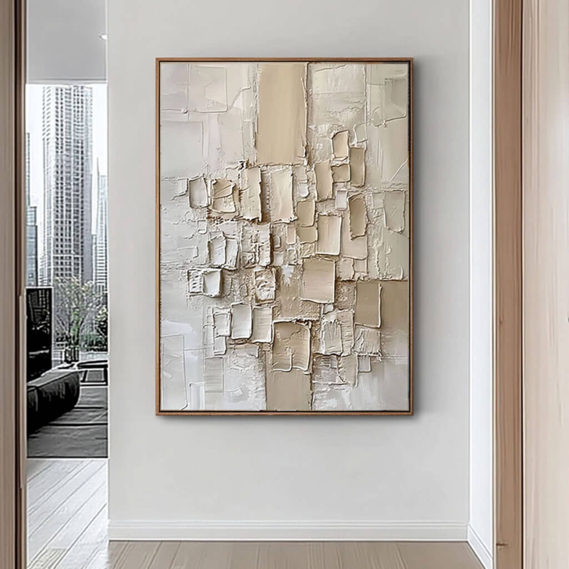 Wall Art Framed Canvas Textured Impasto Cream Beige Gold Frame