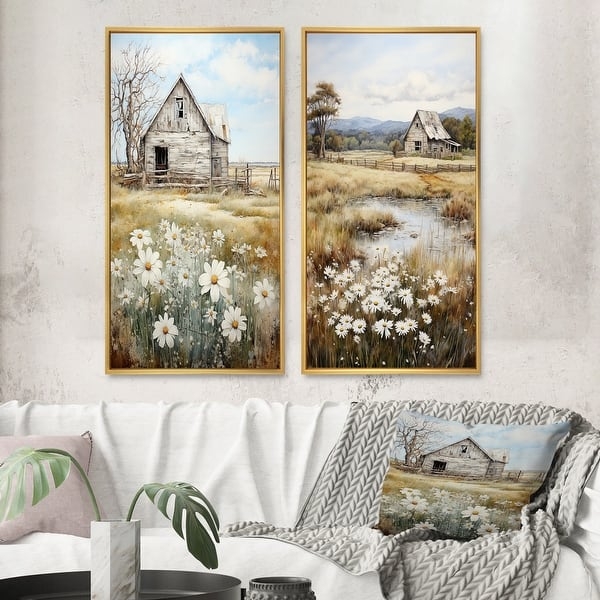 Wall Art Framed Diptych Gold Toned Barn Landscape Set