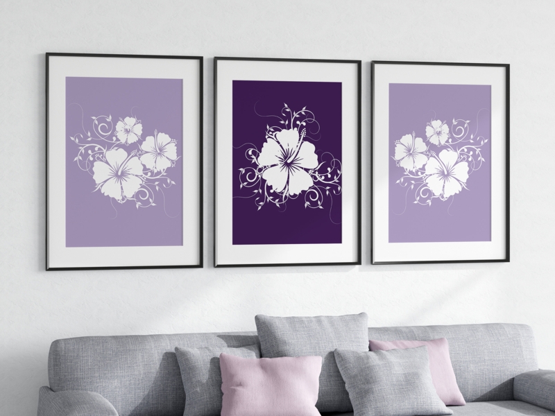 Wall Art Framed Floral Triptych Contrasting Purple Tones Botanical