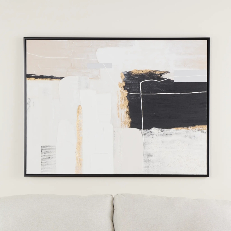 Wall Art Framed Gold Foil Accents High Contrast Black Block Impasto