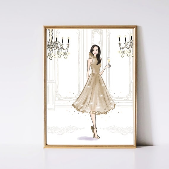 Wall Art Framed Gold Glitter Dress Fashion Illustration Glamour