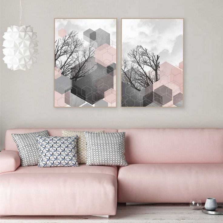 Wall Art Framed Hexagon Pattern Geometric Print, Coordinated Pink And Gray Room