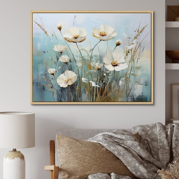 Wall Art Framed Impasto Brushstrokes Floral Motif Teal