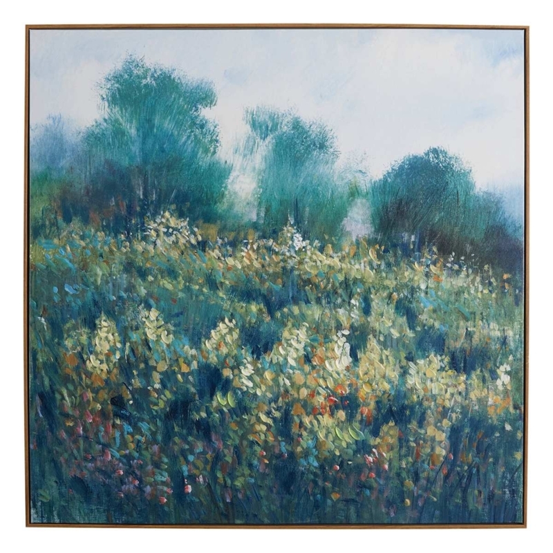 Wall Art Framed Impressionist Meadow Painting Teal Palette