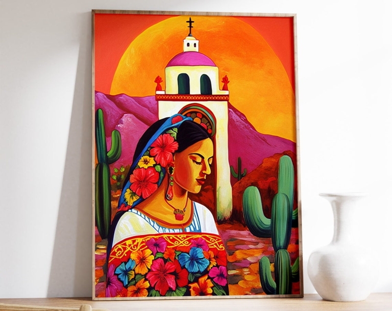 Wall Art Framed Mexican Folk Poster with Saguaro Cactus Elements