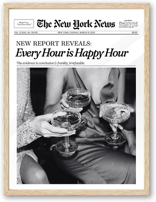Wall Art Framed Newspaper Style Happy Hour Bar Wall Art Print