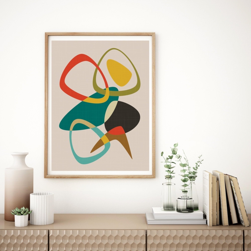 Wall Art Framed Organic Shapes, Honeycomb Cabinet Texture, Console Styling