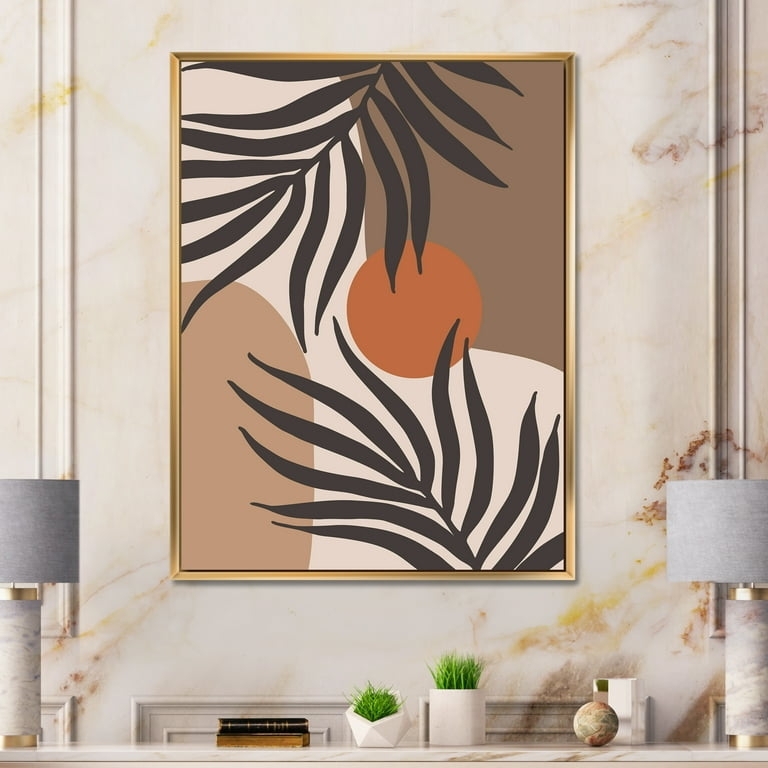 Wall Art Framed Palm Leaf Silhouette Canvas Gold Frame Boho Modern